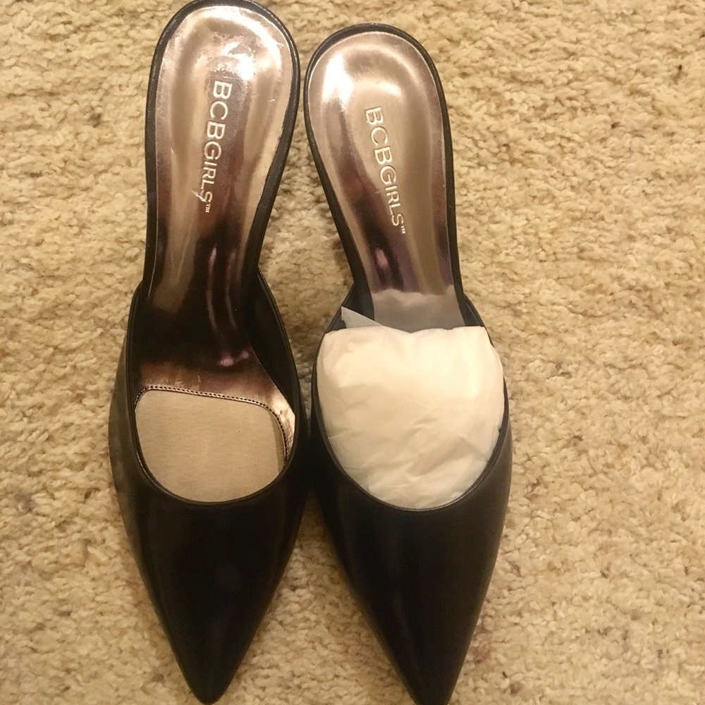BCBGirls black leather mules slides heels